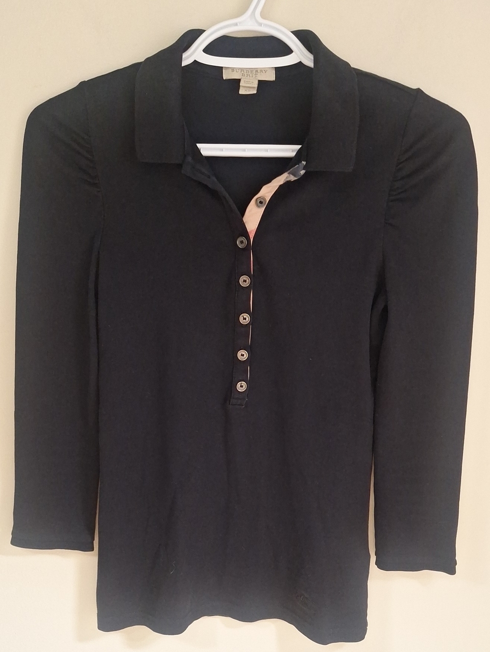 Burberry Brit women's 3/4-sleeve polo top features ruched puff shoulders SZ XS